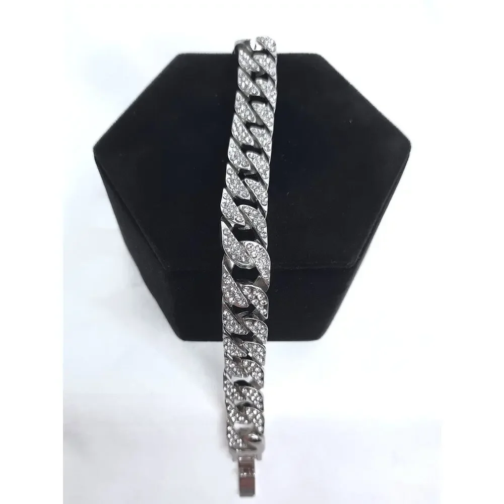 Miami Cuban Link Chain Bracelet Silver Rhinestone Iced Out Chunky Bling Unisex